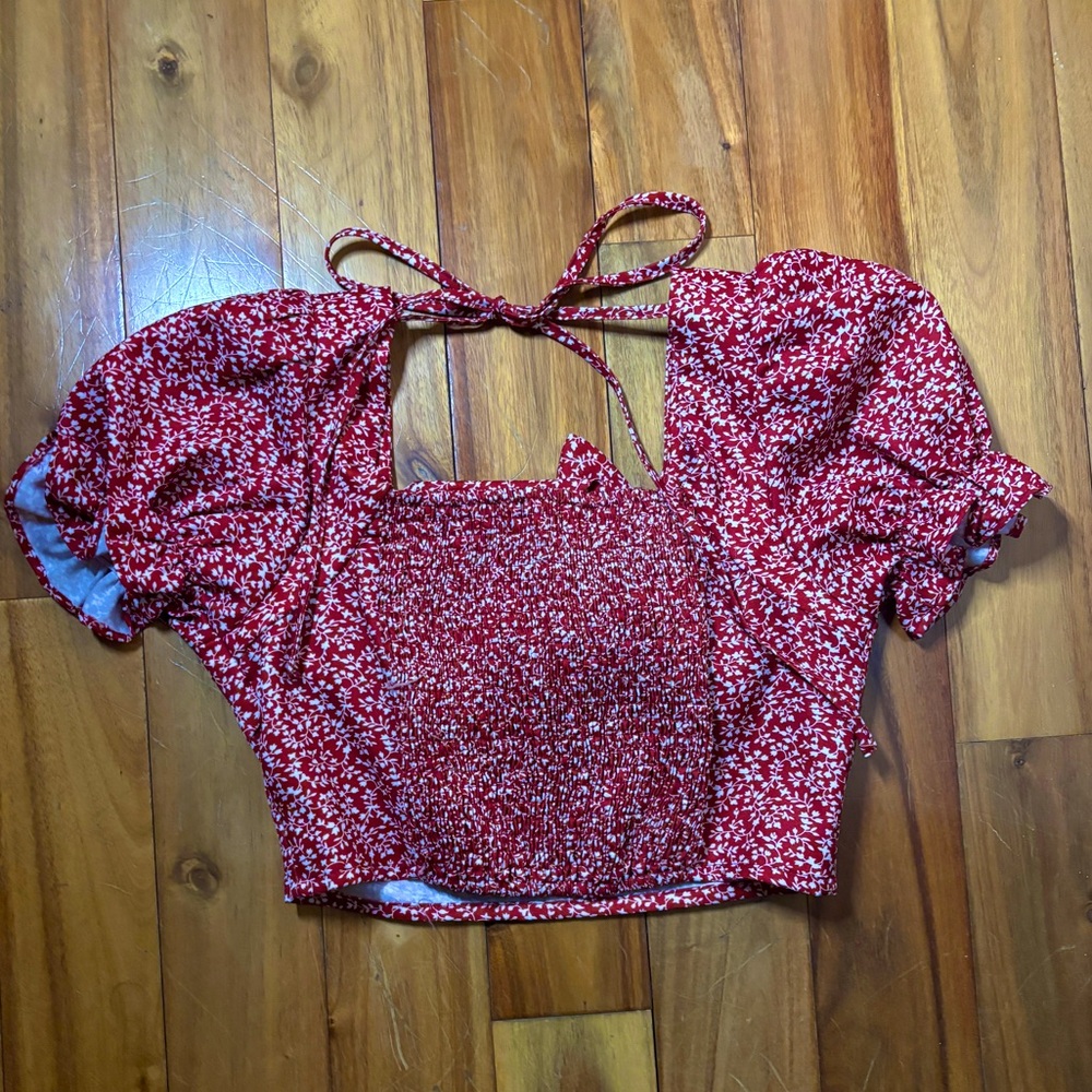 Maroon Ditsy Floral Top with Tie in Front and Back